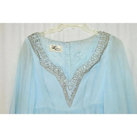 Jean Lutece 1960s Blue Chiffon Dress Heavy Beading - Picture 4 of 8